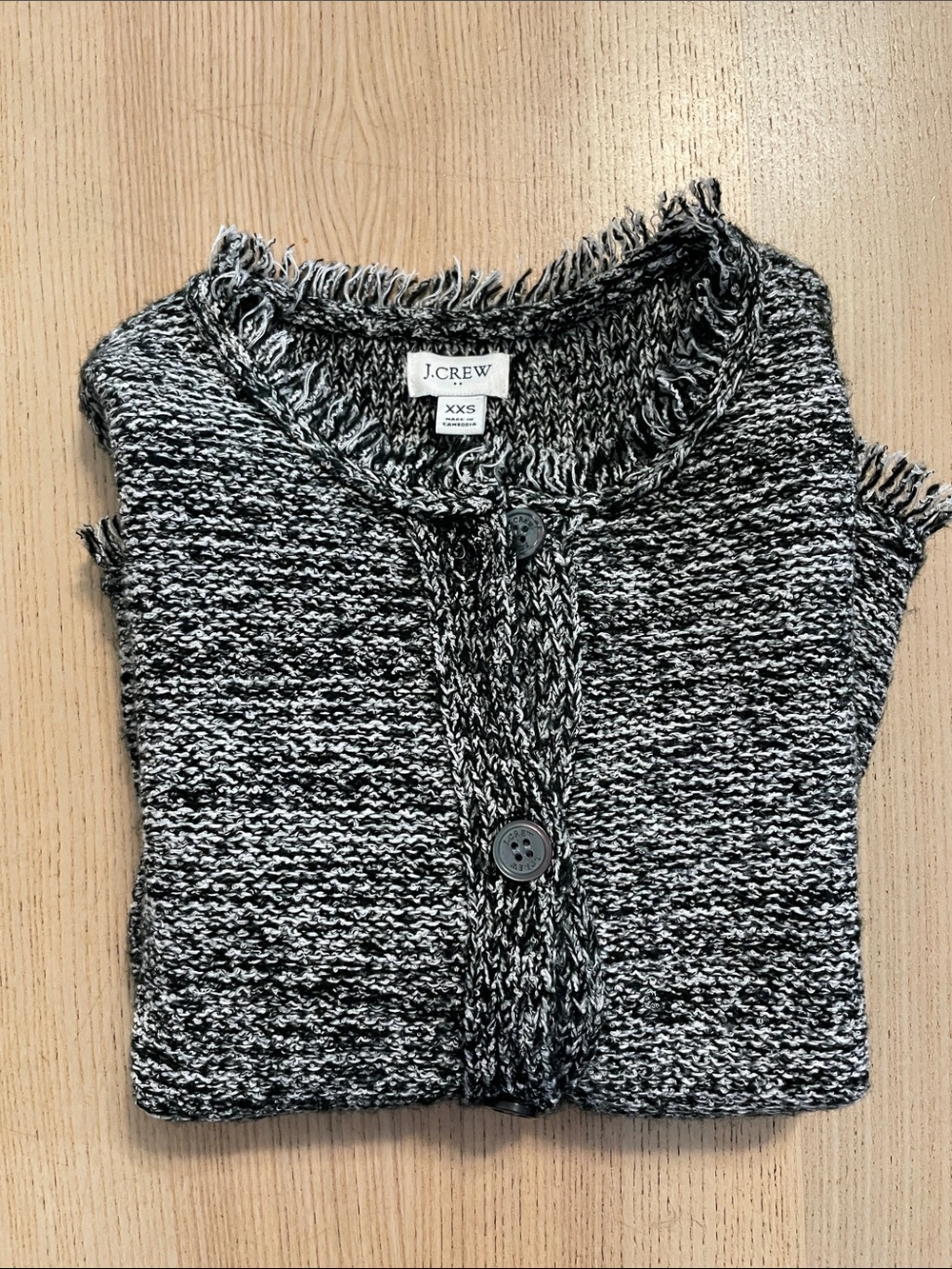 J. Crew Black & White Marled Fringe-Trim Button Cardigan Size XXS